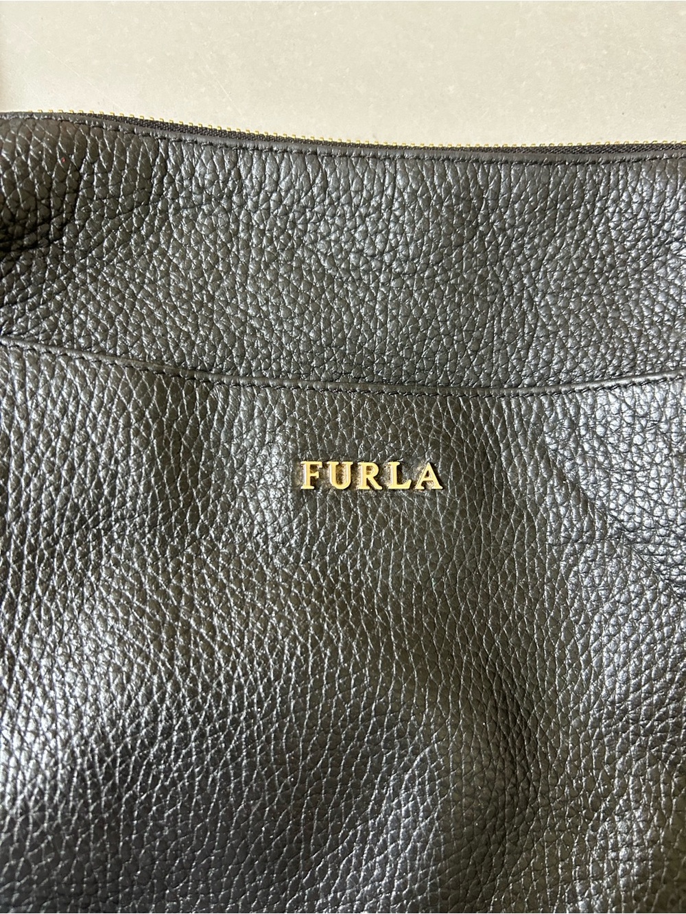 Furla Black Pebbled Leather Tote with Gold Logo